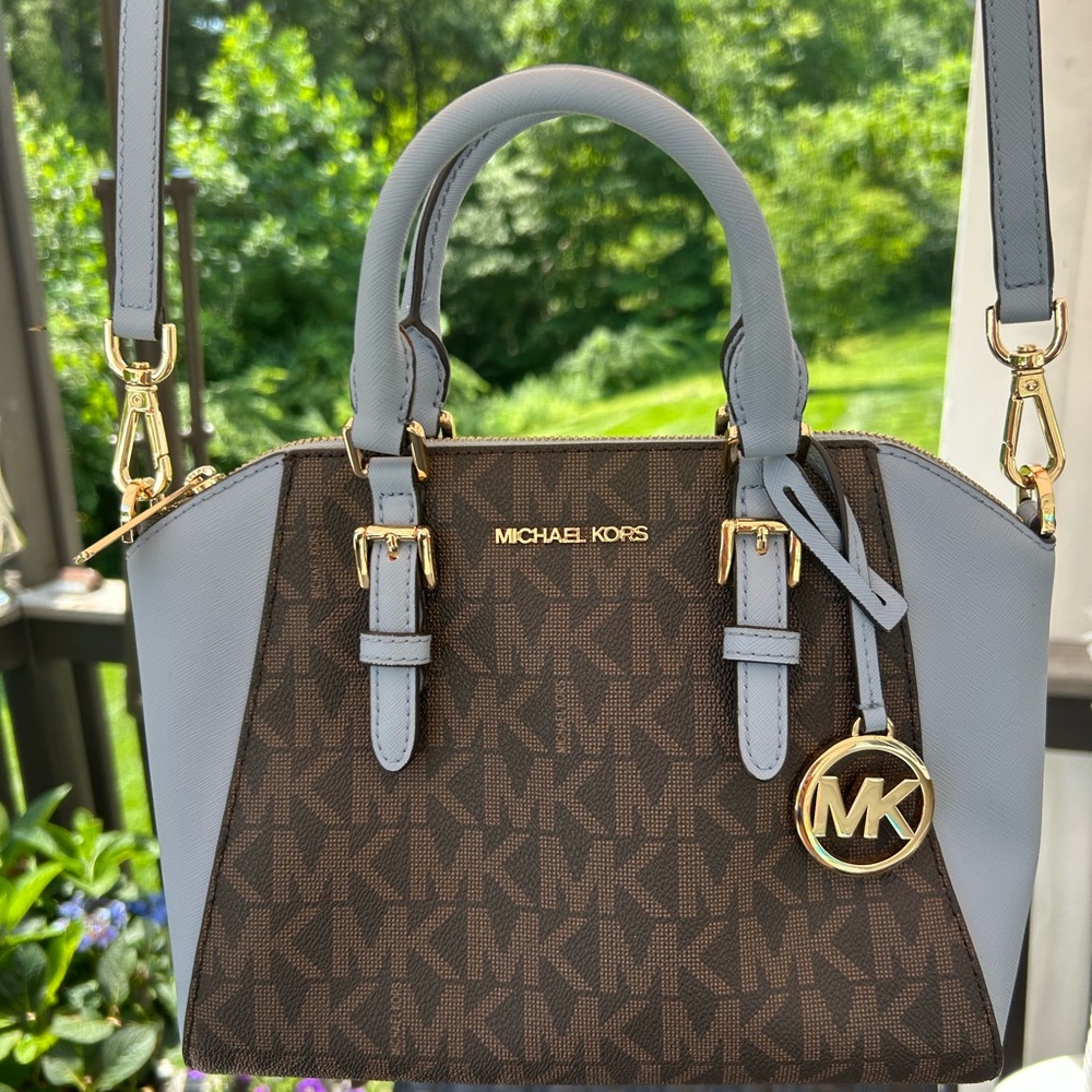 Michael Kors Brown and Powder Blue Satchel